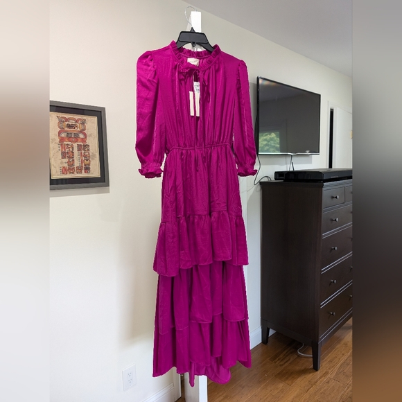 New MELLODAY Ruffle Tiered Satin Midi Dress in Magenta at Nordstrom - Picture 2 of 5